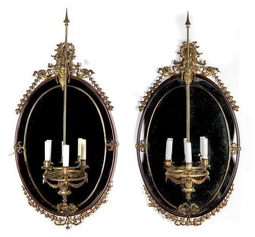 A Pair of French Gilt Bronze Mounted Girandole Mirrors Height 41 x width 20 inches.