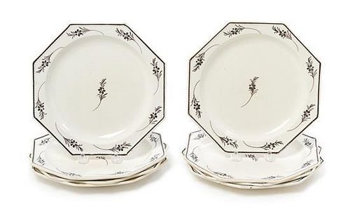 Eight French Creamware Transfer Decorated Plates Diameter 8 inches.