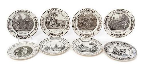 Eight French Transfer Decorated Plates Diameter of largest 8 3/4 inches.