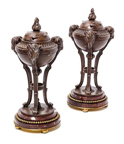 A Pair of Neoclassical Cast Metal and Marble Cassolettes Height 11 3/4 inches.