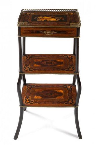 * A Continental Marquetry Etagere Height 33 3/4 x width 17 x depth 13 inches.