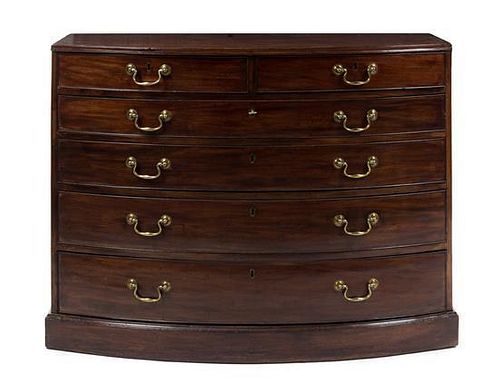 * A George III Mahogany Bowfront Chest of Drawers Height 34 x width 45 x depth 19 inches.