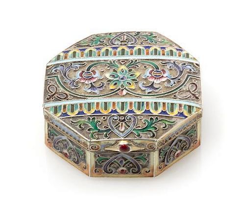 * A Russian Silver and Enamel Snuff Box, Mark of 11th Artel, Moscow, early 20th century, of octagonal form, the case with polych