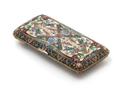 * A Russian Enameled Silver Cigarette Case, Mark of M. Chirkov, Moscow, the case with polychrome floral and foliate enamels thro