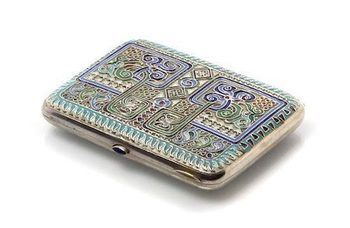 * A Russian Enameled Silver Cigarette Case, Maker's mark Cyrillic ViK, Moscow, the case decorated with geometric and abstracted