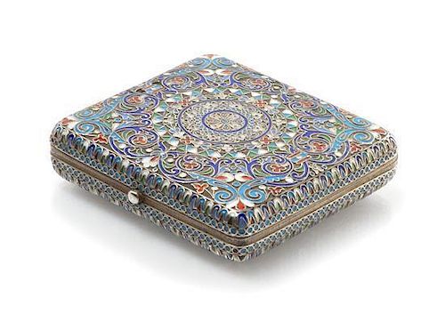 * A Russian Enameled Silver Cigarette Case, Mark of Nikolai Alexeev, St. Petersburg, late 19th/early 20th century, of square for