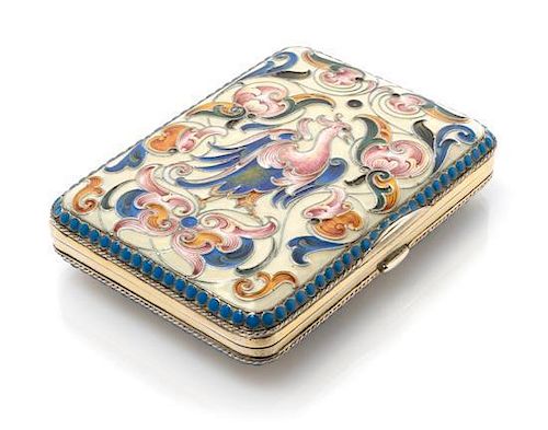 * A Russian Enameled Silver Cigarette Case, Maker's and kokoshnik marks obscured, of rectangular form, the case with an enameled