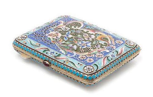 * A Russian Enameled Silver Cigarette Case, Mark of Mikhail Zorin, Moscow, early 20th century, the case decorated with a central