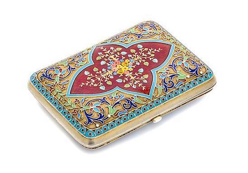 * A Russian Silver-Gilt and Guilloche Enamel Cigarette Case, Mark of Grachev with Imperial warrant, St. Petersburg, the lid havi