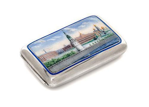 * A Russian Enameled Silver Cigarette Case, Maker's mark GK, Moscow, late 19th century, the lid decorated with a painted scene o