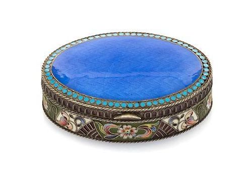 * A Russian Guilloche Enamel and Silver Box, Maria Semenova, Moscow, late 19th/early 20th century, of oval form, the lid decorat