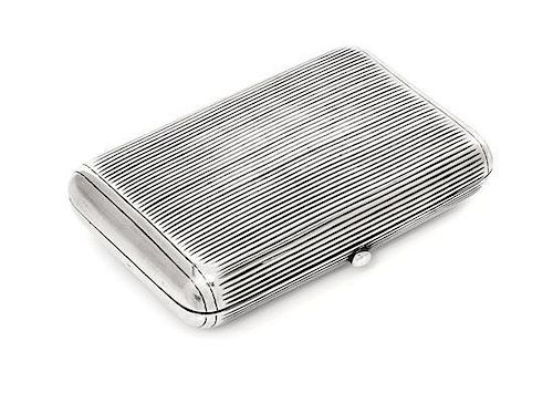 * A Russian Silver Cigarette Case, Maker's mark AE, assay mark of Lev Oleks, Moscow, 1896, the lid and underside with reeded dec