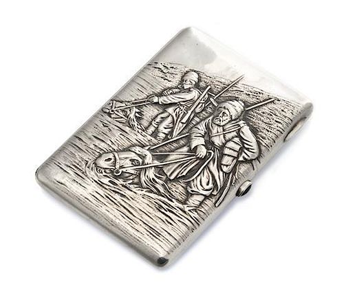 * A Russian Silver Cigarette Case, Mark of S. Storganov, Moscow, 19th century, the lid with raised decoration showing two men st