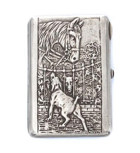 * A Russian Silver Cigarette Case, Maker's Mark Cyrillic CF, obscured Artel mark, Moscow, the lid worked to show a dog, horse an