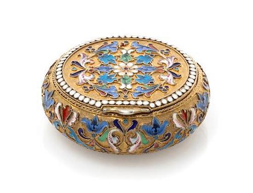 * A Russian Silver and Enamel Snuff Box, Mark of Ivan Saltykov, assay mark of Anatoly Artsybashev, Moscow, 1895, of circular for