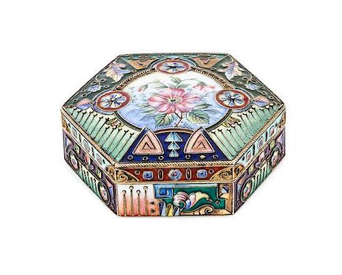 * A Russian Enameled Silver-Gilt Snuff Box, Mark of Sixth Artel, Moscow, early 20th century, of hexagonal form, the lid centered