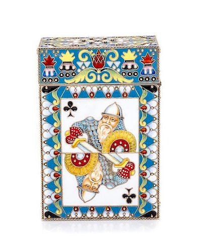 A Russian Silver-Gilt and Enamel Card Box, Attributed to Fedor Ruckert, Moscow, early 20th century, the box decorated with polyc