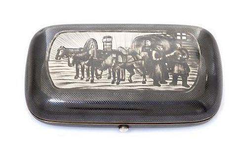 * A Russian Niello Silver Cigarette Case, Maker's mark Cyrillic DP, assay mark of B. Savinsky, Moscow, 1873, the lid decorated w