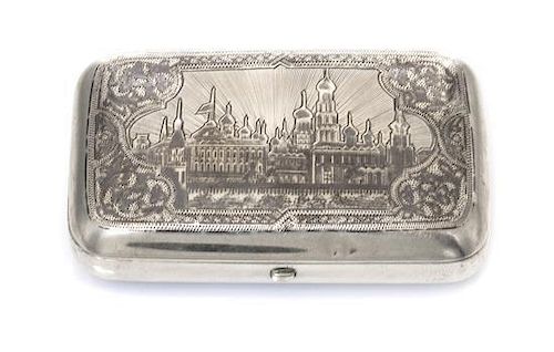 * A Russian Niello Silver Cigarette Case, Maker's mark Cyrillic IA, assay mark of Vasily Petrov, Moscow, 1884, the lid decorated
