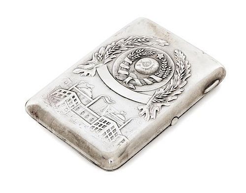 * A Russian Silver Cigarette Case, Retailed by Mostorg, Moscow, 20th century, the lid worked with the seal of the Soviet Union a