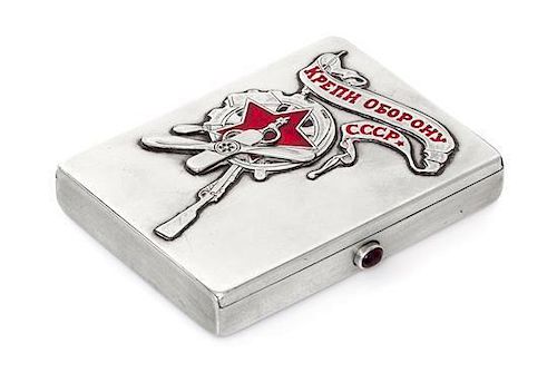 * A Russian Silver and Enamel Cigarette Case, Maker's mark obscured, Moscow, 20th century, of rectangular form, the lid decorate