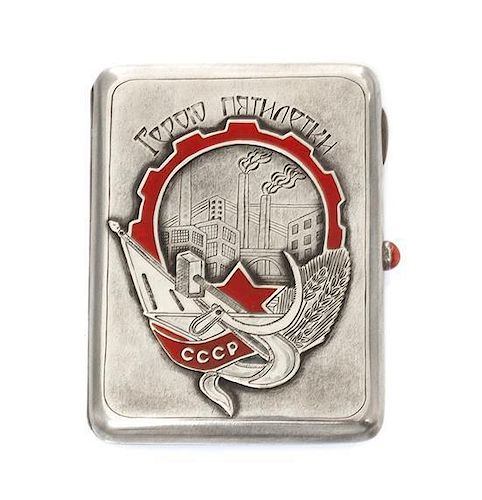 * A Soviet Russian Silver and Enamel Cigarette Case, Maker's mark Cyrillic AB, Moscow, 20th century, the lid decorated with appl