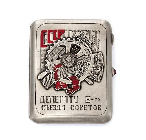 * A Soviet Russian Silver and Enamel Cigarette Case, Marked with a Soviet-era Artel stamp, Moscow, the lid centered by the seal