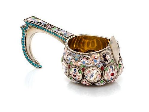* A Russian Enameled Silver Kovsh, Likely suprious mark of Faberge, Moscow, late 19th/early 20th century, having a lobed body de