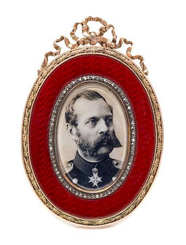 A Russian Guilloche Enamel, Gold and Diamond Picture Frame, Mark of Faberge, maker's mark of Henrik Wigstrom, St. Petersburg, la