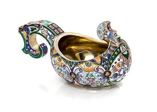 * A Russian Enameled Silver Kovsh, Mark of Fedor Ruckert, Moscow, late 19th/early 20th century, the body decorated with polychro