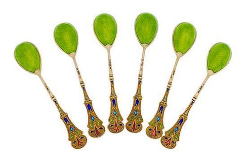 * A Set of Six Russian Silver-Gilt Guilloche and Plique-a-Jour Enamel Demitasse Spoons, Mark of 11th Artel, Moscow, early 20th c