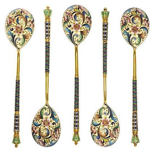 * A Group of Five Russian Silver-Gilt and Enamel Teaspoons, Mark of Fedor Ruckert, Moscow, early 20th century, each having a gre