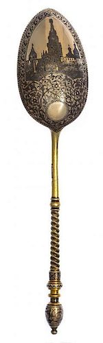 * A Russian Silver-Gilt and Niello Spoon, Mark of Antip Kuzmichev for Tiffany & Co., assay mark of A. Smirnov., Moscow, 1881, ha