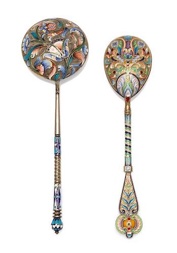 * Two Russian Silver-Gilt and Enamel Spoons, Maker's marks obscured, Moscow, early 20th century, each having a polychrome enamel