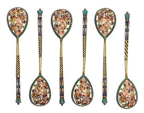 * A Set of Six Russian Silver-Gilt and Enamel Demitasse Spoons, Mark of Vasiili Agafonov, kokoshnik mark of Ivan Lebedkin, Mosco