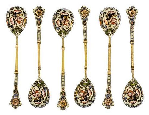 * A Set of Six Russian Silver-Gilt and Enamel Demitasse Spoons, Mark of K. Faberge with Imperial warrant, overstriking mark of F
