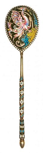 * A Russian Silver-Gilt and Enamel Spoon, Mark of Third Artel, Moscow, early 20th century, the underside of the bowl with a poly