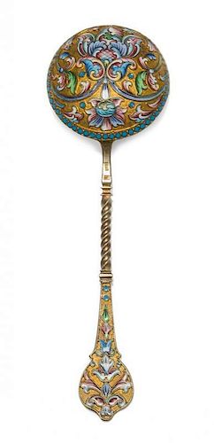 * A Russian Silver-Gilt and Enamel Spoon, Maker's mark likely Pitor Fariseyev, Moscow, early 20th century, having an enamel and