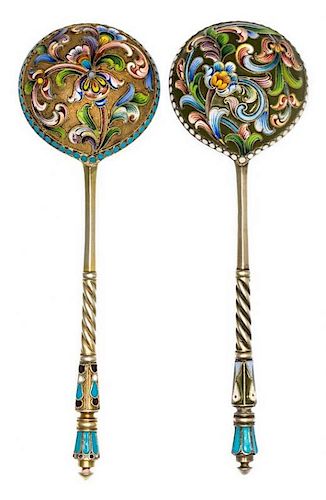 * Two Russian Silver-Gilt and Enamel Spoons, Mark of Maria Semenova, kokoshnik mark of Ivan Lebedkin, Moscow, late 19th/early 20