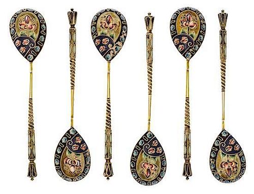 * A Set of Six Russian Silver-Gilt and Enamel Demitasse Spoons, Mark of 11th Artel, Moscow, early 20th century, each having an e