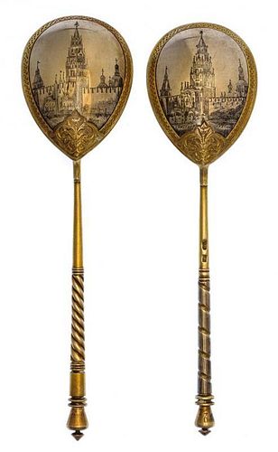 * Two Russian Silver-Gilt and Niello Spoons, Mark likely of M.F. Sokolov, kokoshnik mark of Ivan Lebedkin, Moscow, late 19th cen