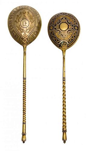* Two Russian Silver-Gilt Spoons, Various makers, Moscow, late 19th century, the underside of one bowl with niello geometric dec