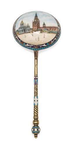 * A Russian Silver-Gilt and Enamel Spoon, Mark of Ivan Saltykov, Moscow, late 19th/early 20th century, having a spherical enamel