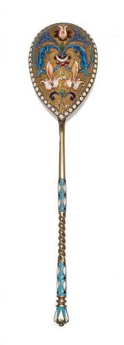 * A Russian Silver-Gilt and Enamel Spoon, Mark of Vasiili Agafonov, Moscow, late 19th/early 20th century, having an enameled fin