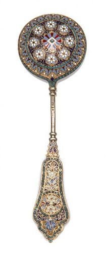* A Russian Silver-Gilt and Enamel Spoon, Maker's mark obscured, assay mark of Anatoly Artsybashev, Moscow, 19th century, the to