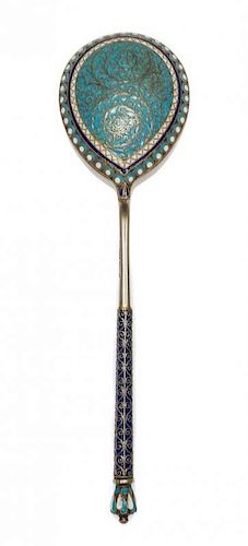 * A Russian Silver-Gilt and Enamel Spoon, Mark of Ashmarin Mateevich, assay mark of Anatoly Artsybashev, Moscow, 1894, having an