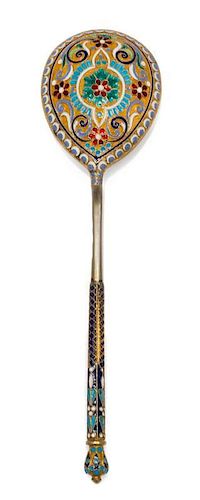* A Russian Silver-Gilt and Enamel Spoon, Mark of Ashmarin Marteevich, assay mark of Anatoly Artsybashev, Moscow, 1894, having a
