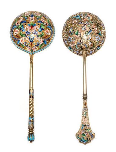 * Two Russian Silver-Gilt and Enamel Spoons, Various makers, Moscow, early 20th century, each having polychrome floral and folia