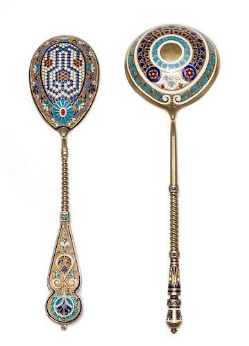 * Two Russian Silver-Gilt and Enamel Spoons, Maker's mark Cyrillic AK, Moscow, late 19th/early 20th century, each having a polyc