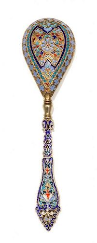 * A Russian Silver-Gilt and Enamel Spoon, Mark of Ivan Khlebnikov with Imperial warrant, assay mark of A. Romanov, Moscow, 1889,